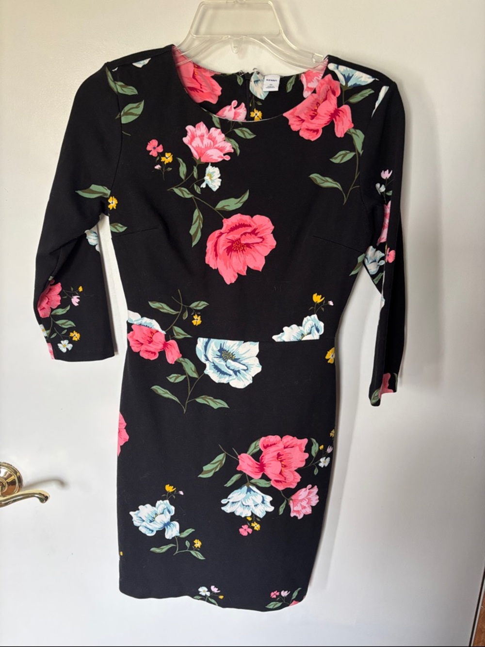 Old Navy Black Floral Long-Sleeve Sheath Dress with Pink & White Blooms